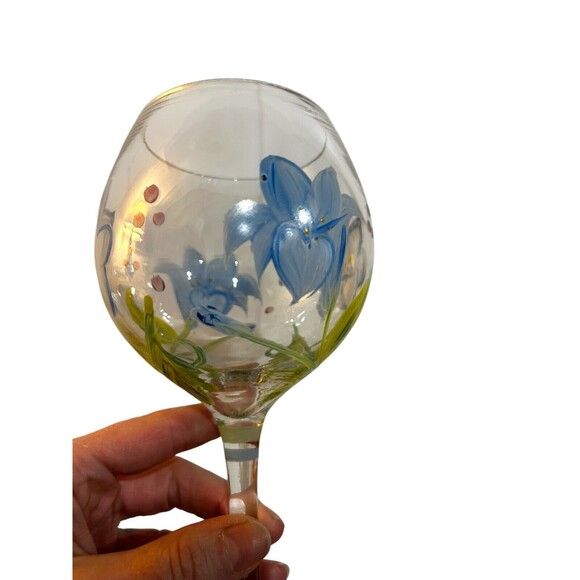 Vtg Hand Painted Coordinating Floral Wine Glasses Goblets Set Of 2 - Picture 5 of 8
